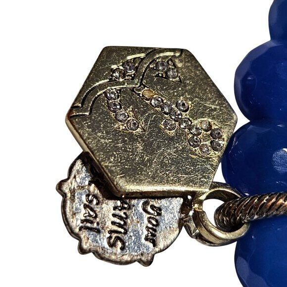 Blue Faceted Bead Stretch Charm Bracelet Gold Hexagonal Circular Engraved Charms - Picture 2 of 4